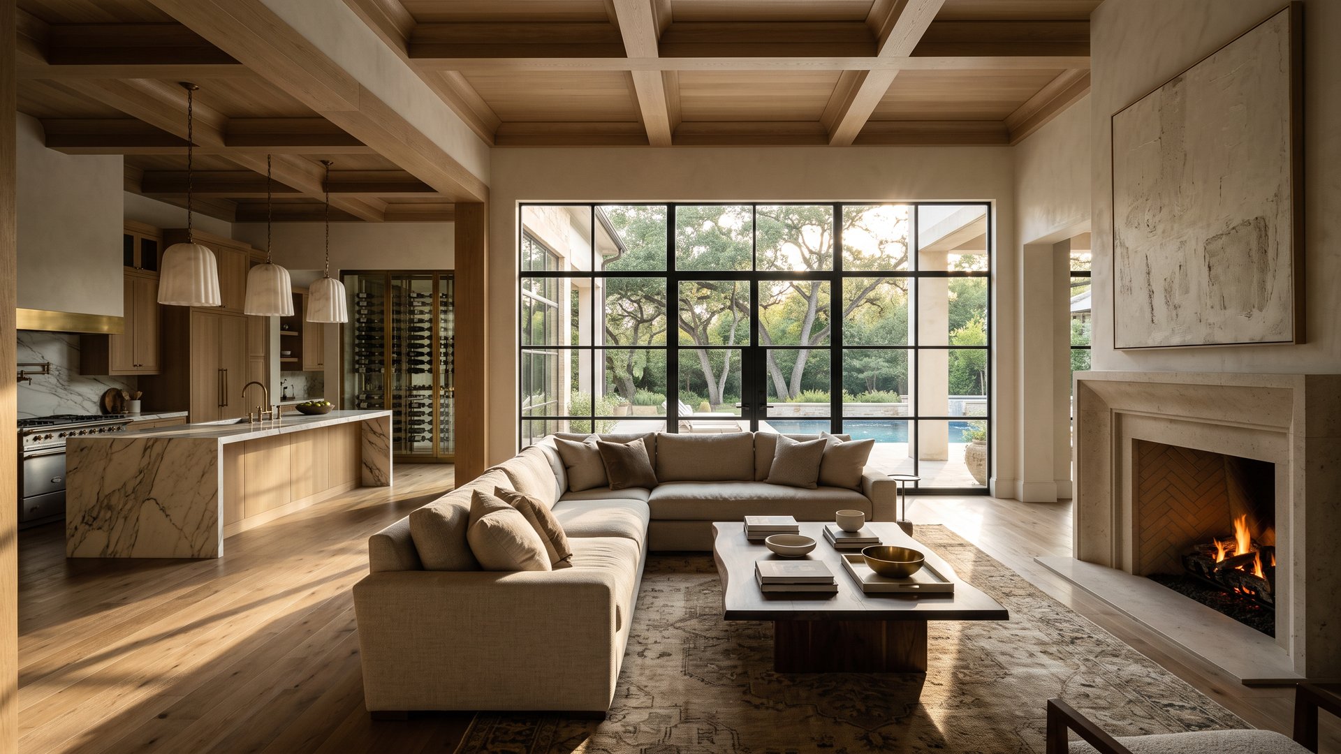 Concept rendering of a custom home kitchen and living area