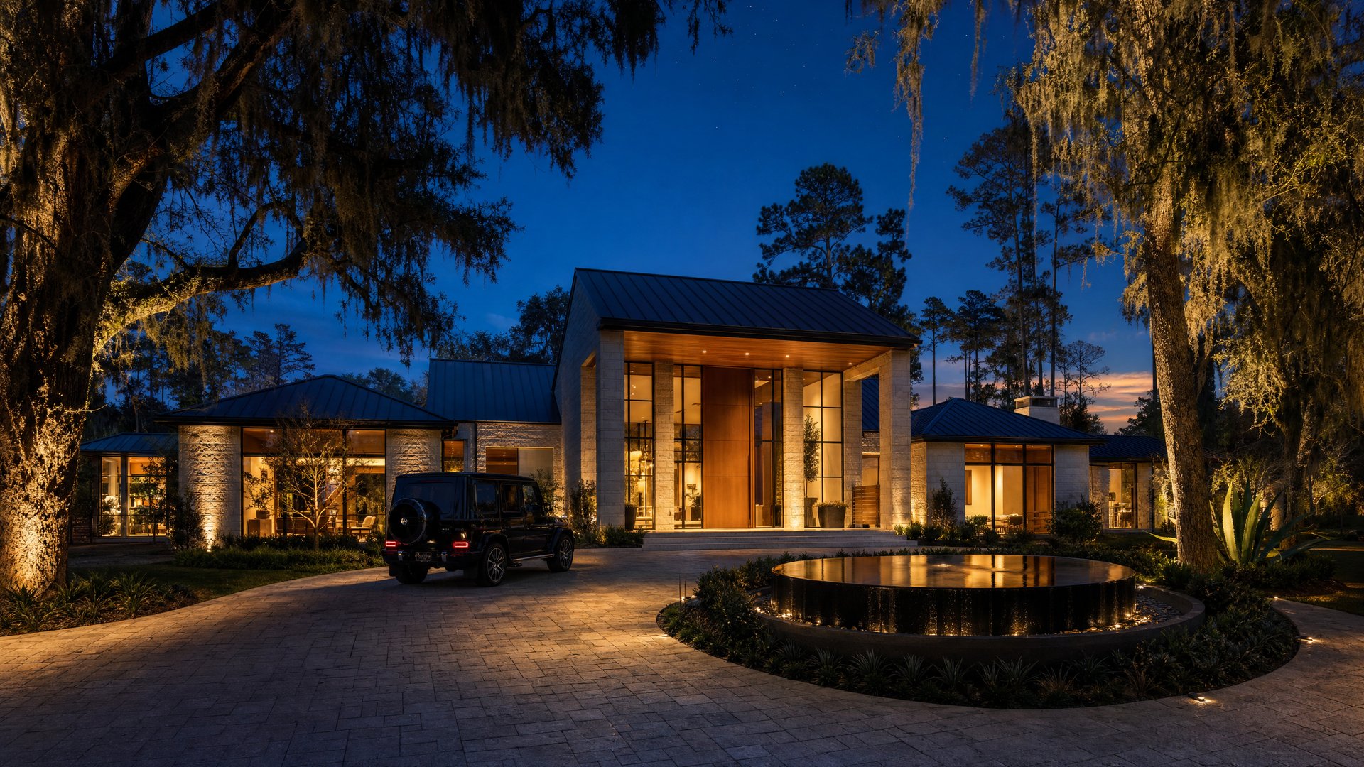 A finished Brixton custom home at dusk in the Houston area