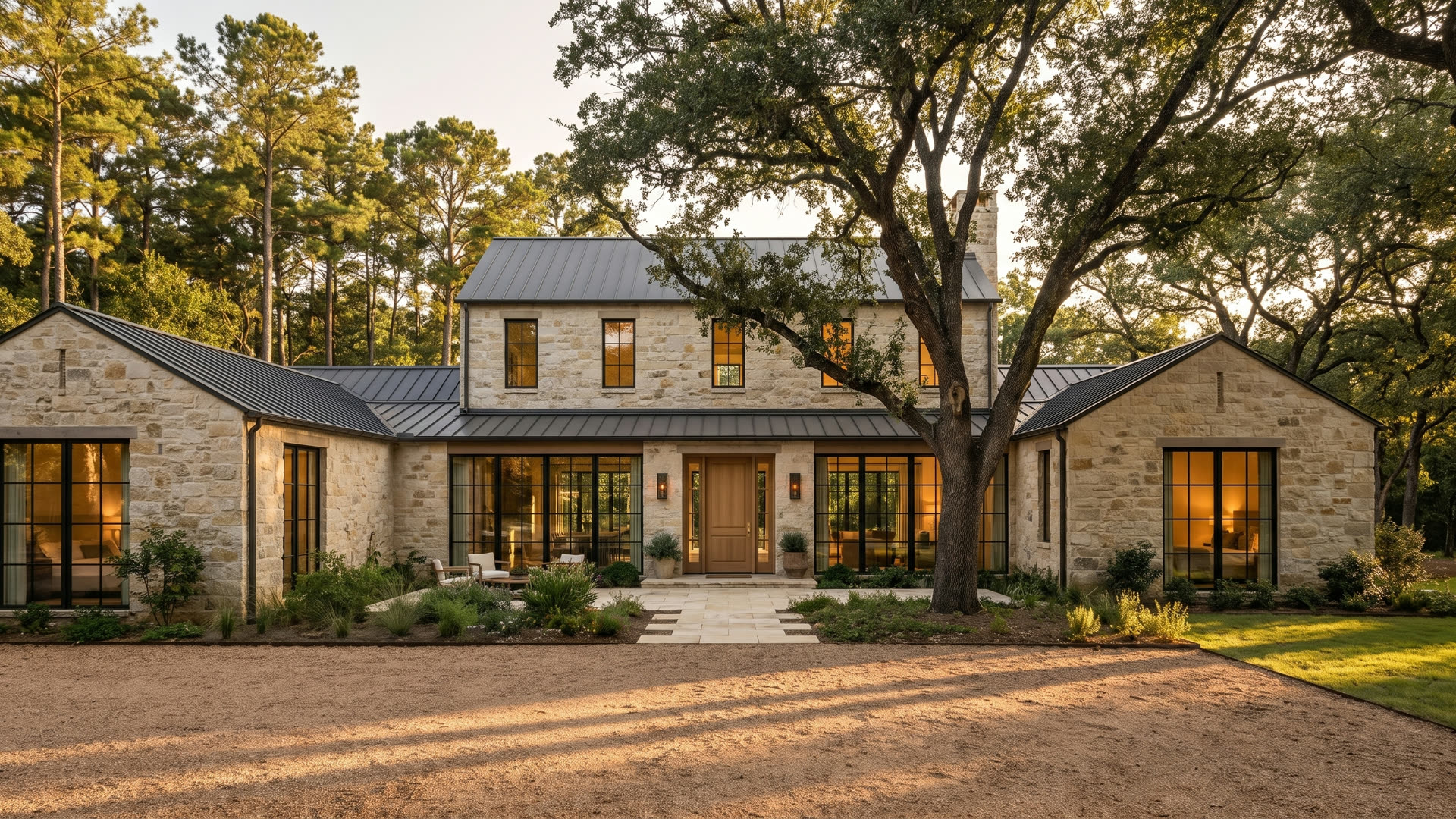 A limestone and steel luxury custom home under a live oak on an estate lot near Porter, Texas at golden hour