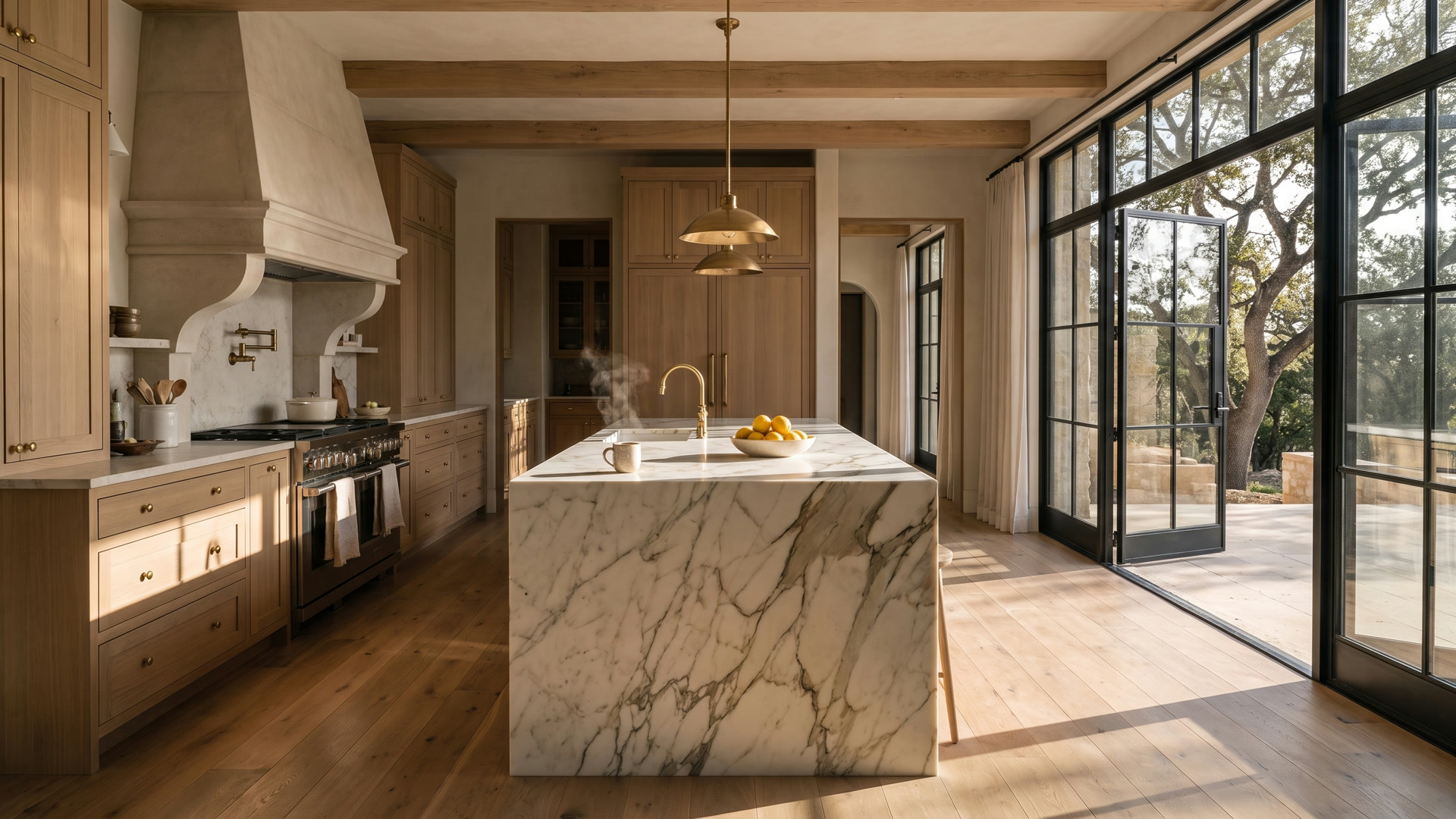 A kitchen with a calacatta marble island, white oak cabinetry and brass fixtures opening to a terrace