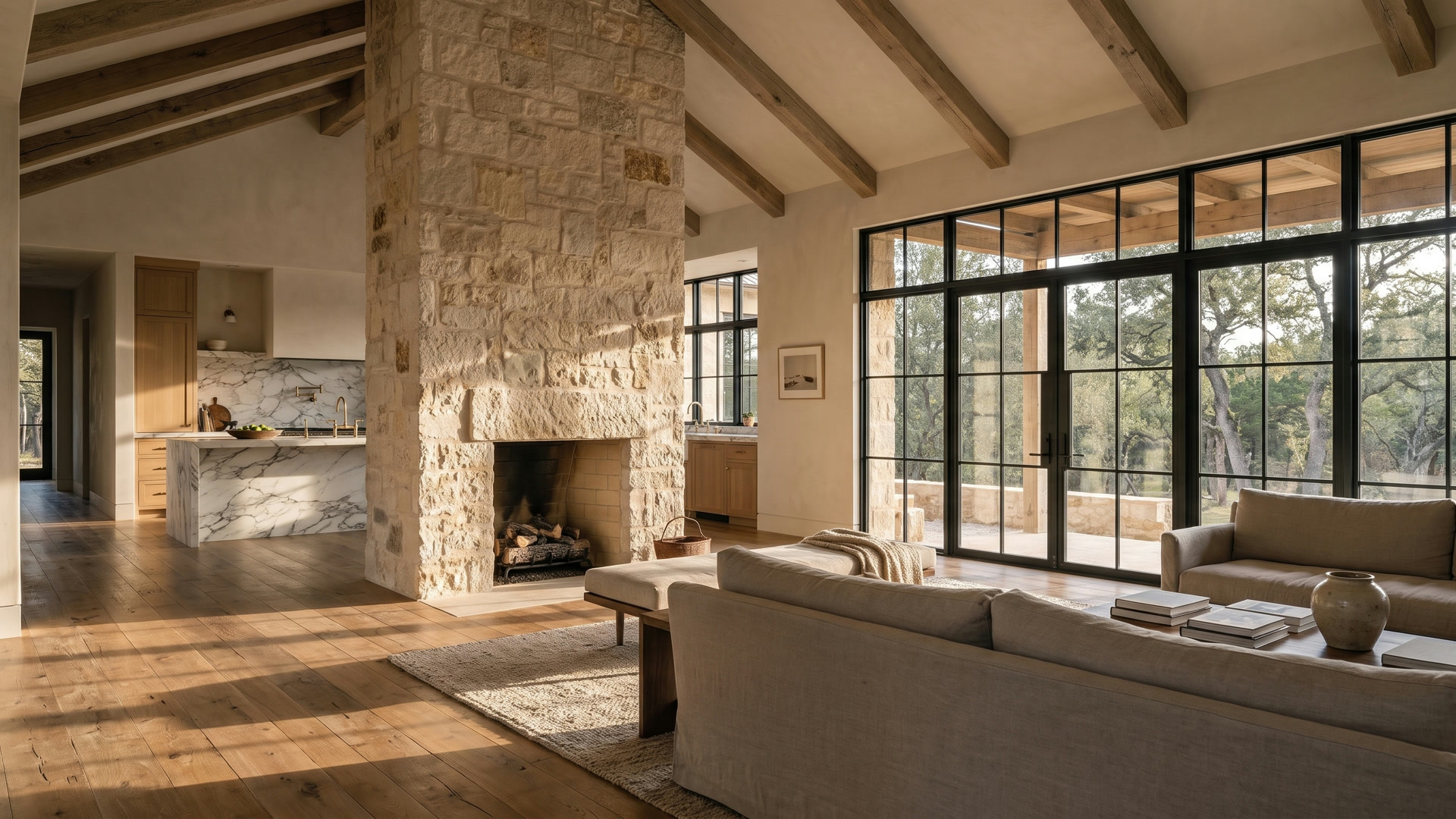 The great room of a luxury custom home with a limestone fireplace, oak beams and steel doors to a terrace