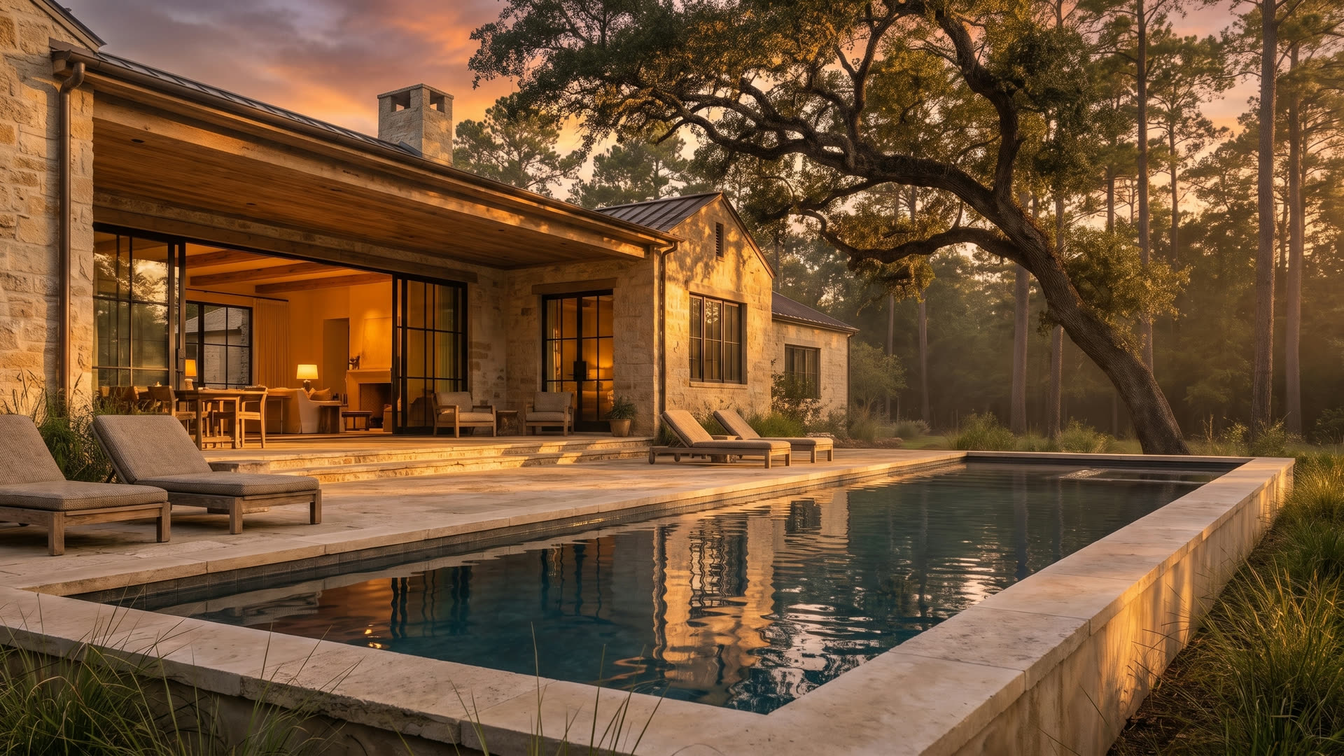 The pool terrace of a limestone custom estate at sunset with the great room glowing inside